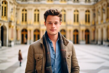 Headshot portrait photography of a content boy in his 30s wearing a chic cardigan at the palace of...