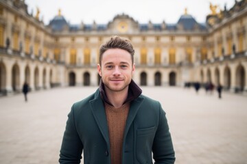 Headshot portrait photography of a content boy in his 30s wearing a chic cardigan at the palace of versailles in versailles france. With generative AI technology