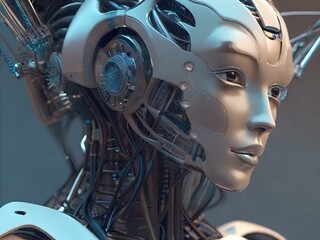 3D rendering of a female robot with a futuristic head and face