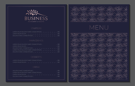 Elegant Menu Design for Italian Mediterranean Restaurant in Navy Blue and Rose Gold Color and Olive Logo