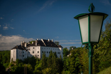 Fototapeta na wymiar Leiben castle near Donau river valley in summer hot morning with blue sky