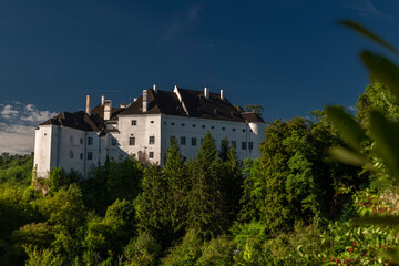 Fototapeta na wymiar Leiben castle near Donau river valley in summer hot morning with blue sky