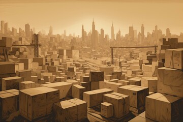 Artistic depiction of an industrial warehouse filled with cardboard boxes against the backdrop of a city skyline. Generative AI