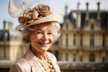 Environmental portrait photography of a grinning mature woman wearing a fancy fascinator at the chateau de chambord in chambord france. With generative AI technology