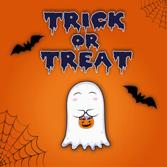 halloween postcard &laquo;trick or treat&raquo;  cartoon  ghost  with pumpkin basket