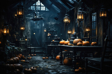 Obraz premium Halloween spooky background, scary pumpkins with smoke in old big creepy Happy Haloween ghosts horror house inside big empty foggy room. Creepy october dark smoky mysterious night backdrop concept.