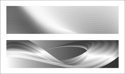 Monochrome cover design, abstract background. Wavy silver parallel gradient lines, ribbons, silk. Set of 2 backgrounds. Black and white with shades of gray banner, poster. eps vector
