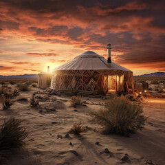 yurt in the desert at sunset - obrazy, fototapety, plakaty