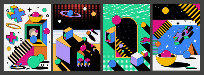 Abstract Geometric Shapes Composition Creative Posters Set. 1980s Retro Colors Psychedelic Style Design Arts