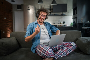 One man caucasian male freelancer work from home on laptop computer