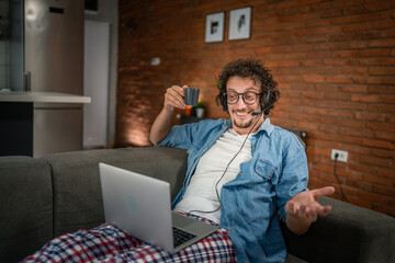 One man caucasian male freelancer work from home on laptop computer