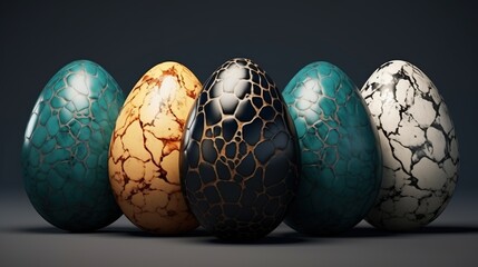 five dinosaur eggs of different colors, with the texture of scales, on a grey background