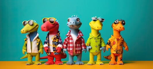 Five toy dinosaurs with colorful clothes and dark glasses, on a yellow background