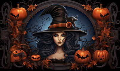 Decorative Halloween frame with a witch in the middle and several orange pumpkins. Generative Ai