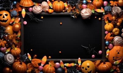 Decorated frame with many sweets and candies in Halloween style. Generative Ai