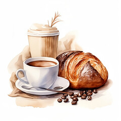 Cup of coffee and a loaf of bread  isolated on white , watercolor illustration created with generative AI technologies for bakery design and logo 