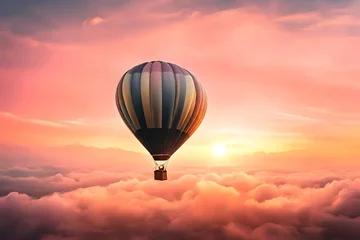 Deurstickers A hot air balloon gracefully takes to the sky against the backdrop of a breathtaking sunrise © SardarMuhammad