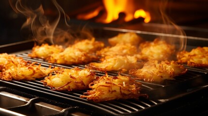 Golden brown and crispy hash browns cooking to perfection on a hot griddle. 