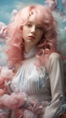 a detailed portrait of a captivating woman dressed in soft, spring-inspired colors against the backdrop of a pastel, cloudy sky to evoke a retro aesthetic.