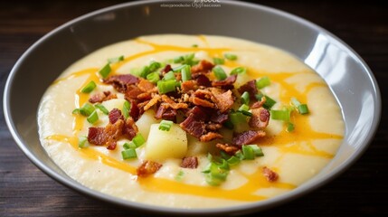 Rich and hearty potato soup simmering in a slow cooker, with crispy bacon and cheddar cheese.