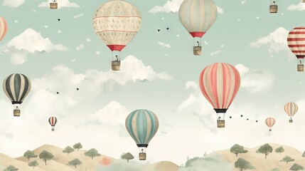 Fototapeta na wymiar a bunch of hot air balloons flying in the sky above a hill. generative ai