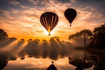 A hot air balloon gracefully takes to the sky against the backdrop of a breathtaking sunrise
