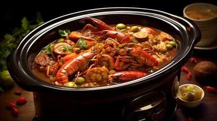 Slow cooker filled with fragrant and spicy gumbo, with a mix of seafood and sausages. 