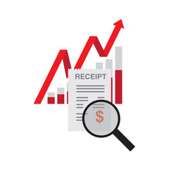 Man holding receipt. Studying paying bill, magnifying glass. Payment of utility, bank, restaurant. Concept business finance. Vector illustration flat design. Report finance, invoice, expenses.