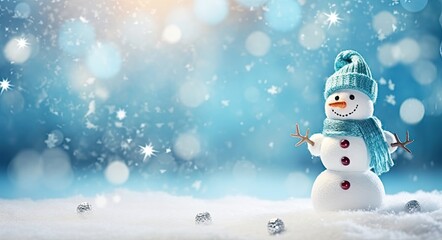 Beautiful Winter Christmas Background with Snowman and Bokeh Lights. Calm Blue and Copy-Space for Merry Christmas Card and Celebration Wishes - obrazy, fototapety, plakaty