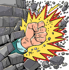 Break through barriers. Strength of mind. A man fist with an explosion breaks the wall. Pop Art Retro - 643771331