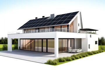 Modern eco-residence with solar panels, innovative energy generation, green garden, and a luxurious architecture concept.