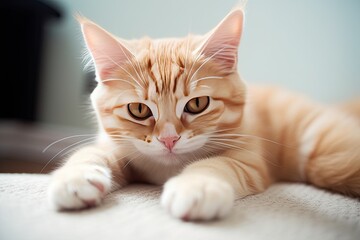 Fototapeta premium A cute and playful tabby cat with fluffy fur lies on a comfortable sofa, gazing with curiosity.