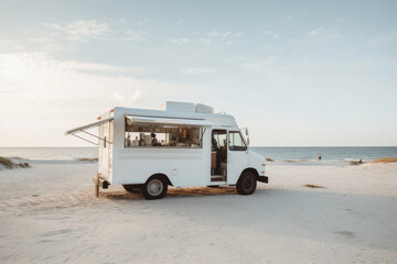 Beachside restaurant and cafe on wheels, offering a taste of retro charm by the sea, under the sun.