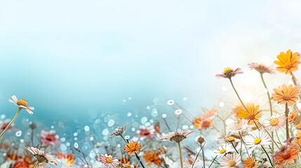 Obraz na płótnie Canvas Flower arrangement with copy space. Template greeting card base design. Floral banner, poster, blurred background.