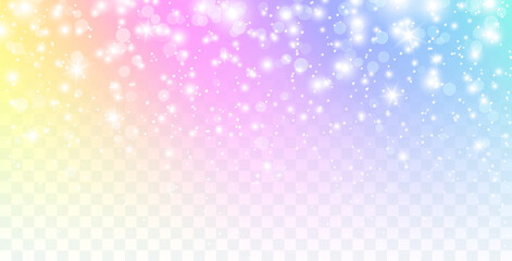Unicorn gradient isolated on transparent background. Rainbow dream, princess, fantasy or fairy tail overlay texture. Vector magic spectrum border with bokeh light effect, glitter and white stars