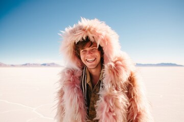 Lifestyle portrait photography of a happy boy in his 30s wearing an extravagant feather boa at the salar de uyuni in potosi bolivia. With generative AI technology