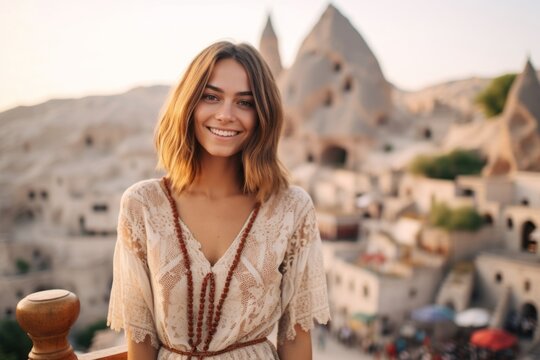 Medium shot portrait photography of a grinning girl in his 20s wearing an intricate lace top at the cappadocia in nevsehir province turkey. With generative AI technology