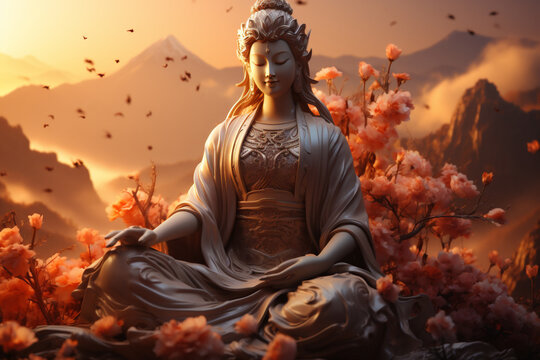 Beautiful sculpture Golden Tara on golden background. AI Generative