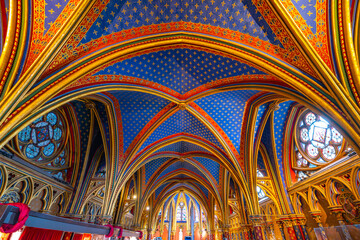 Lower chapel of Sainte-Chapelle with ornamental ceiling. Palais de la Cite, Paris, France