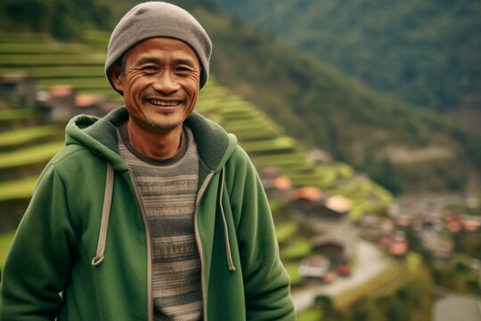 Medium shot portrait photography of a joyful mature man wearing a zip-up fleece hoodie at the banaue rice terraces in ifugao philippines. With generative AI technology