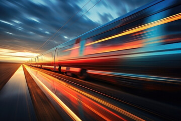 High speed train in motion on railway station at sunset. Generative AI