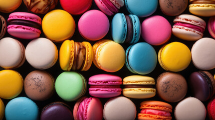 Obraz premium Top view of macarons in soft pastel colors. Colorful almond cookies. Generative AI