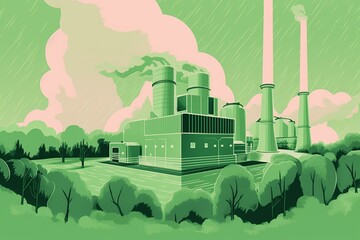 Illustration of greenwashing - power station being painted green to falsely represent environmental friendliness. Generative AI