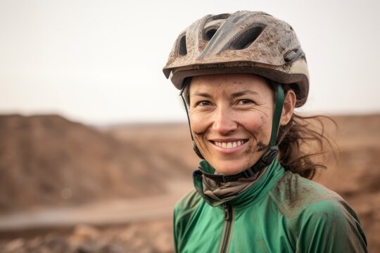 Headshot portrait photography of a tender girl in her 40s wearing a padded cycling jersey at the darvaza gas crater in derweze turkmenistan. With generative AI technology