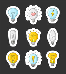 Light bulb. Sticker Bookmark. Hand drawn style. Symbol of creativity, innovation, inspiration, invention and idea. Vector drawing. Collection of design elements.