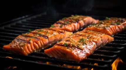 Up-close shot of perfectly seared salmon fillets cooking on a hot griddle. 