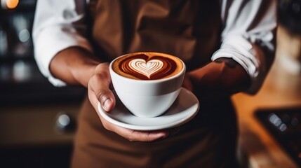 Close up of male barista hands with cup of cappuccino