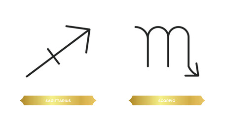 two editable outline icons from zodiac concept. thin line icons such as sagittarius, scorpio vector.