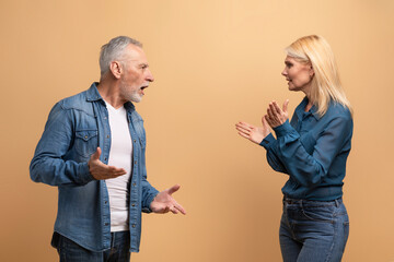 Angry senior woman and man couple fighting on beige background