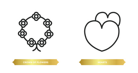 two editable outline icons from world peace concept. thin line icons such as crown of flowers, hearts vector.